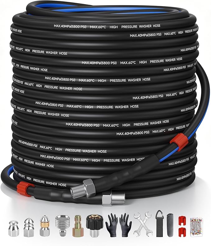 Sewer Jetter Kit for Pressure Washer 150ft – 5800PSI Drain Cleaning Hose 1/4 Inch NPT Corner with Watering Spray Nozzle, Rotating and Button Hose Sewer Jetting Nozzles & Easy-to-Store Strap