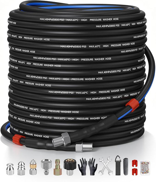 Sewer Jetter Kit for Pressure Washer 150ft – 5800PSI Drain Cleaning Hose 1/4 Inch NPT Corner with Watering Spray Nozzle, Rotating and Button Hose Sewer Jetting Nozzles & Easy-to-Store Strap