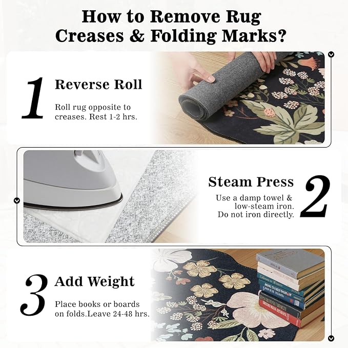 DCX Vintage Floral Washable Area Rug 6x9, Non Slip Low Pile Rug, Black | Rugs for bedroom, living room, dining room, office, soft, kid & pet friendly, sain resistant indoor carpet, home decor
