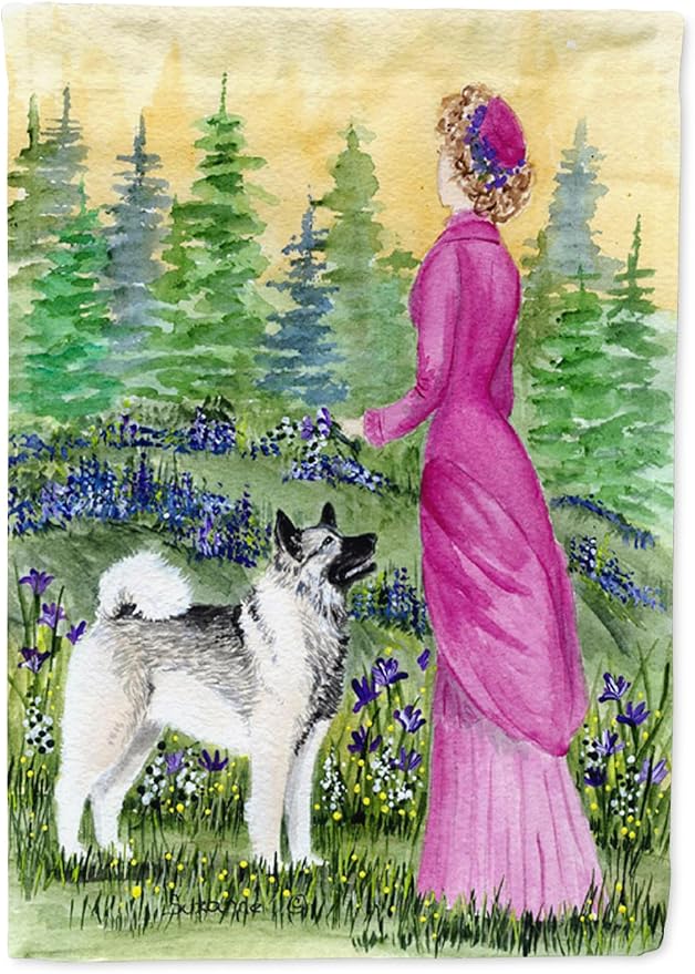 Caroline's Treasures SS8154GF Lady with her Norwegian Elkhound Garden Flag Mailbox Flag Decorative Yard Flag Banner Outside Patio Artwork Yard Flower Beds, Garden Size, Multicolor