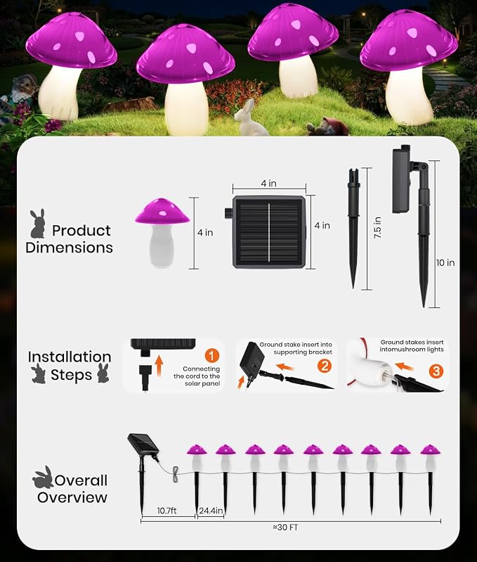 Solar Mushroom Lights Outdoor 9 Pack, Garden Outdoor Decor, 8 Lighting Modes, IP65 Waterproof, Crystal-Clear Fairy Decoration for Pathway/Yard/Flower Bed/Patio/Landscape/Backyard/Dwarf, String 30 FT