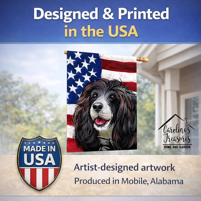 Caroline's Treasures CK6679CHF Russian Spaniel Dog American Flag House Flag Large Porch Sleeve Pole Decorative Outside Yard Banner Artwork Wall Hanging, Polyester, House Size, Multicolor