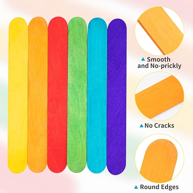 WISYOK 90Pcs 8 Inch Colorful Jumbo Craft Sticks, Large Popsicle Sticks, WaxingSticks, Rainbow Wooden Popsicle Sticks, Paint Stir Sticks Great for DIY Crafts, Plant Labels, and Educational Tools
