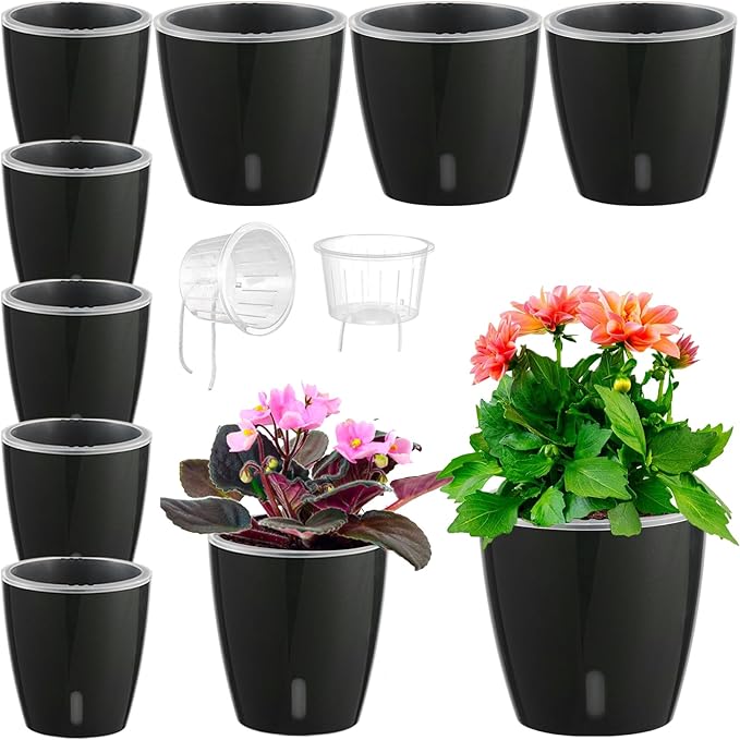 Self-Watering Pots for Indoor Plants, 8-Pack Self Watering Planter with Drainage Holes, Small African Violet Pots with Water Indicator, 5-Pack 5''/3-Pack 6.7'' Orchid Pot, Black