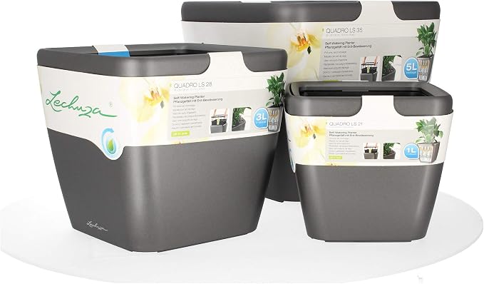 Lechuza Quadro LS 35 Charcoal Metallic, Self-Watering Square Planter, H13 L13.8 W13.8 in