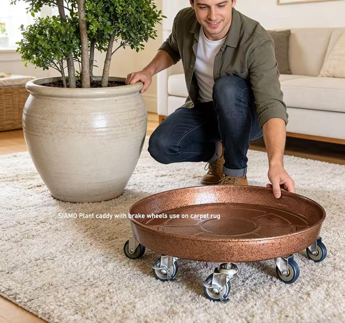 SIAMO 18" Heavy Duty Plant Caddy (470lbs Capacity)-Lockable Non-Scratch Swivel Casters Rolling Plant Stand Dolly Saucer for Large Ceramic Planters Concrete Pots& Heavy Trees Copper,1-Pack