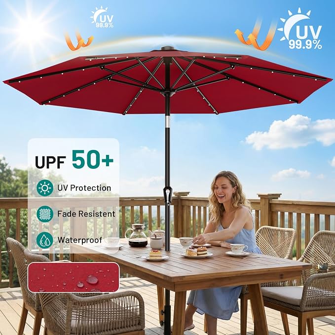 AreShark 9FT Patio Umbrella with Solar Lights, 32 Lighted Pool Umbrella w/Tilt and Crank, Outdoor Market Solar Umbrellas for Garden, Deck, Backyard, Pool and Beach, Dark Red