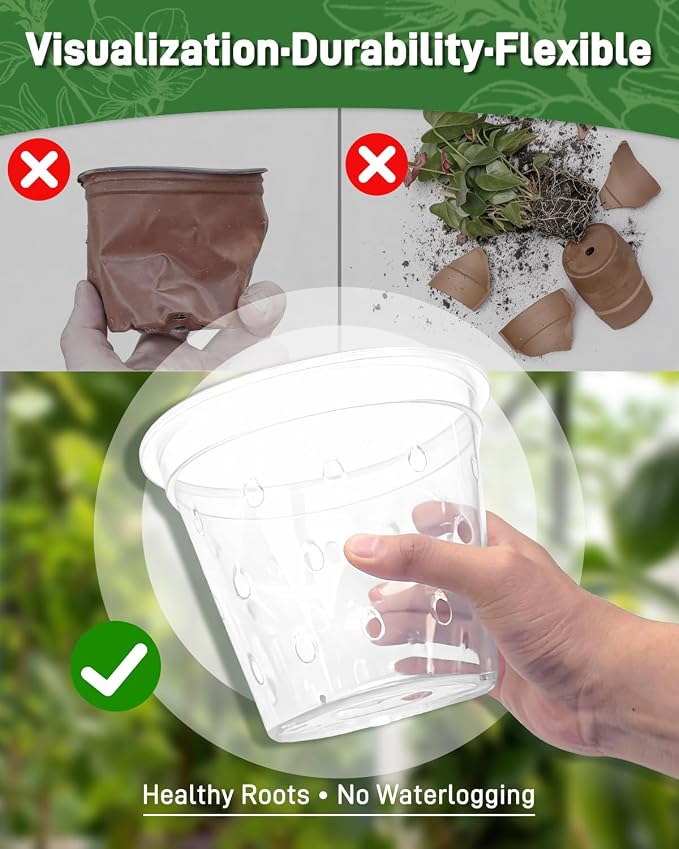 10 Pack 7 Inch Orchid Pot , Deeper and Thicker Plastic Orchid Pots with Holes, Clear Orchid Pots with Holes and Saucers for Repotting , Indoor and Outdoor Orchid Planter for Healthy Root Growth