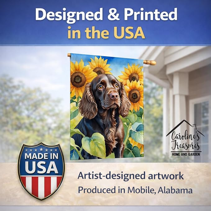 Caroline's Treasures DAC6039CHF Boykin Spaniel in Sunflowers House Flag Large Porch Sleeve Pole Decorative Outside Yard Banner Artwork Wall Hanging, Polyester, House Size, Multicolor