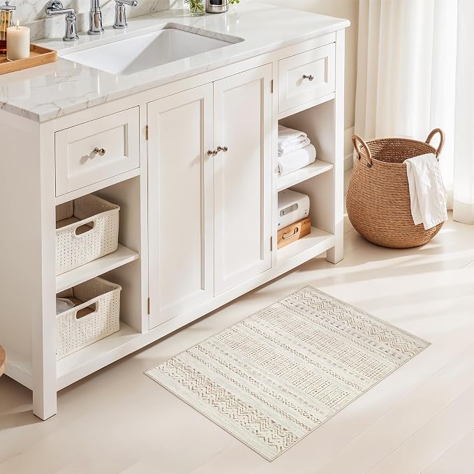 cotiled Washable 2x3 Entryway Rugs: Boho Moroccan Soft Small Rug | Solve Modern Neutral Trendy Home Decor - Stain Resistant for Bathroom Entryway Kitchen Laundry Brown Cream