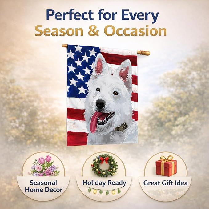 Caroline's Treasures CK6431CHF Berger Blanc Suisse American Flag House Flag Large Porch Sleeve Pole Decorative Outside Yard Banner Artwork Wall Hanging, Polyester, House Size, Multicolor