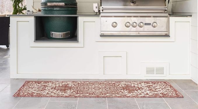 Unique Loom Outdoor Collection Area Rug - Dubai (2' x 8' Runner, Rust Red/ Ivory)