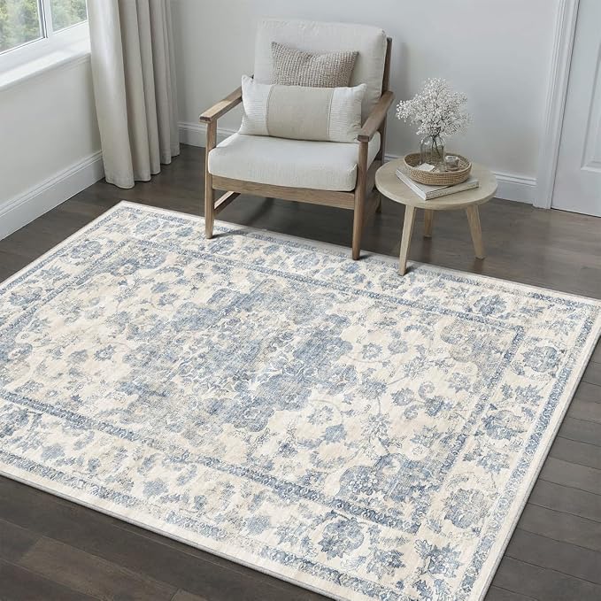 3x5 Blue Neutral Area Rug | Washable, Non Slip, Soft Low Pile, Vintage Farmhouse, for Entryway Kitchen Bathroom Living Room Bedroom Indoor Home Decor