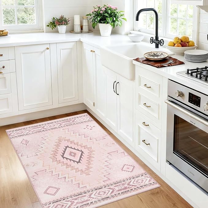 Yinhua 3x5 Pink Area Rug for Entryway, Western Washable Rug Low-Pile | Soft Moroccan Area Rugs Non-Slip with Rubber Backing, Stain Resistant Non-Shedding Carpet for Bedside Living Room