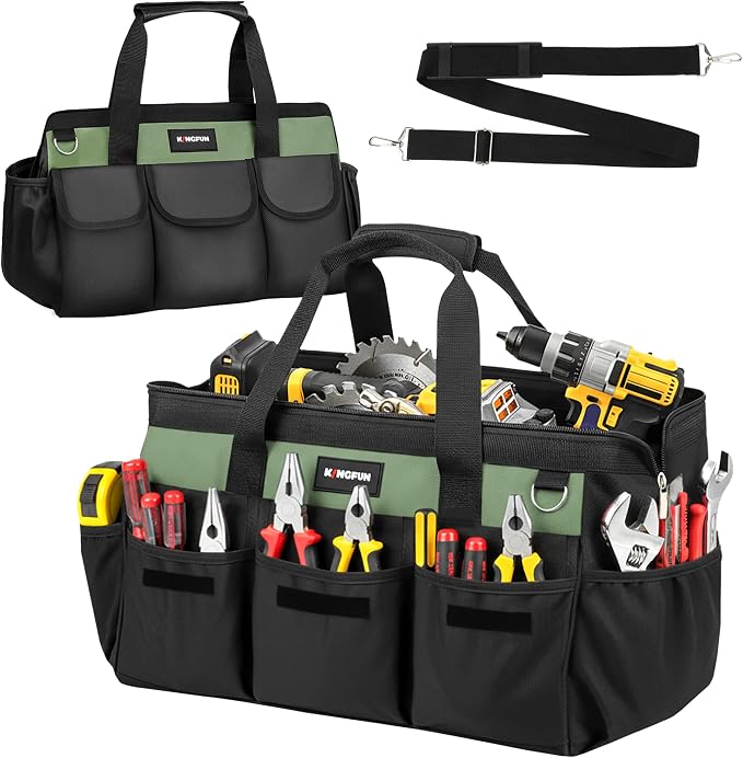 Kingfun 16 Inch Heavy Duty Wide Mouth Tool Bag with 14 Pockets | Adjustable Shoulder Strap & Padded Handle, Durable Tool Storage Bag for Electricians, Mechanics & more (Green)