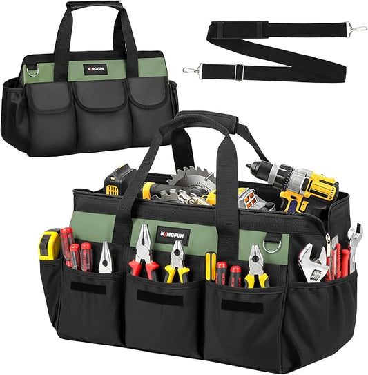 Kingfun 16 Inch Heavy Duty Wide Mouth Tool Bag with 14 Pockets | Adjustable Shoulder Strap & Padded Handle, Durable Tool Storage Bag for Electricians, Mechanics & more (Green)