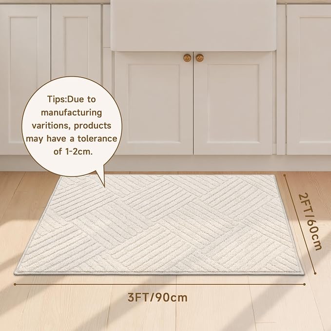 2x3 Bedroom Runner, Soft Beige Geometric Fluffy Hallway Mat | Washable Modern Hall Floor Rug, Non Slip Shaggy Boho Indoor Accent Kitchen Throw Carpet for Laundry, Entyway and Bathroom