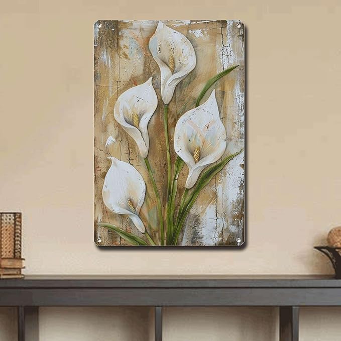 Metal Sign Tin Sign Vintage Wall Art Serene Peace Lily Tin Sign for Vintage Wall Decor Shabby Chic Style and Distressed Wood Panels Wall Art for Room 8×12 Inches