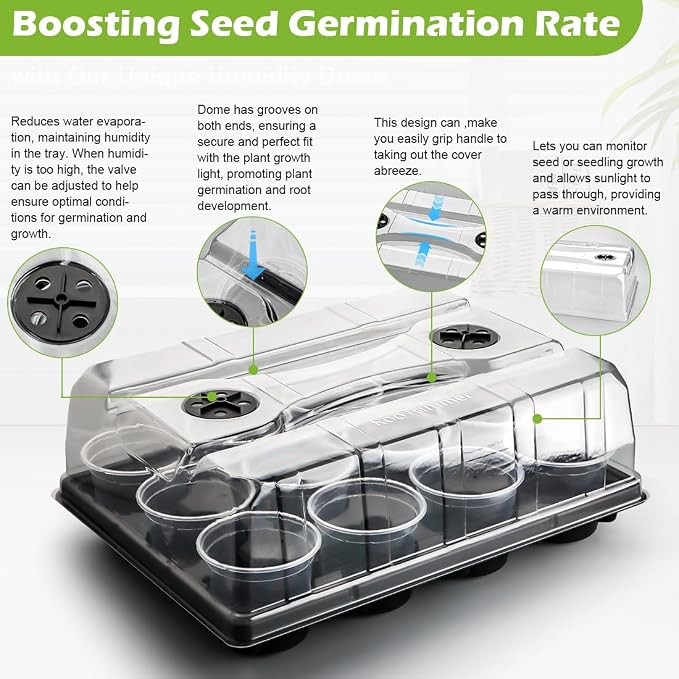 RooTrimmer 5 Pack 12 Cell Nursery Pot Trays with Adjustable Humidity Domes & 4 Inch Clear Pots 60 Pack, Sturdy Seed Starting Kit for Greenhouse Garden, Reusable Plant Growing Germination 5 Sets