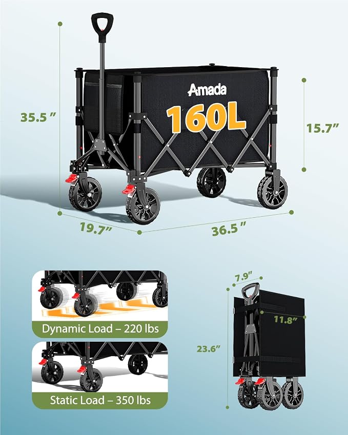 Collapsible Wagon Cart, Foldable Lightweight Wagon Folding Carts with Wheels - Outdoor Utility Carts with 360LBS Max Load for Grocery, Camping, Shopping, Sports, Garden，Beach