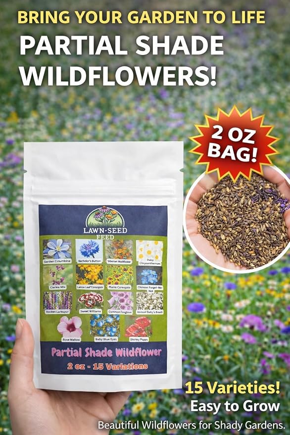 Partial Shade Wildflower Mix - (2oz) - Brighten shady spaces with vibrant blooms that flourish in sunlight. Perfect for yards, garden beds, and fence lines—bringing color where other flowers struggle!