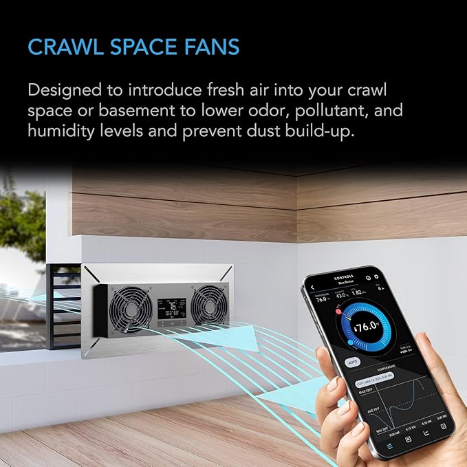 AC Infinity AIRTITAN T8-N, Crawlspace Basement Ventilator Fan. | WiFi App-Compatible Temperature Humidity Controller, IP-55 Rated, Intake