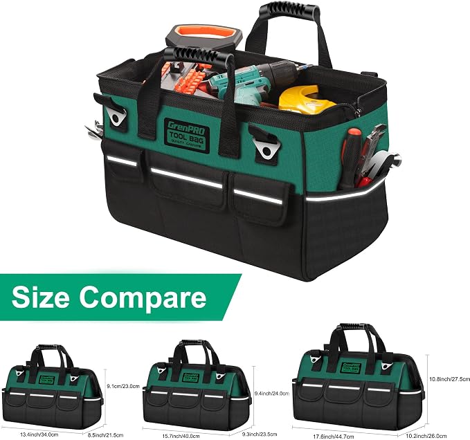 GrenPRO Heavy Duty Tool Bag for Men, 16 Inch Wide Mouth Tool Bags Organizer, Soft Handle Toolbox Storage, Large Zipper Electrician Tool Bag