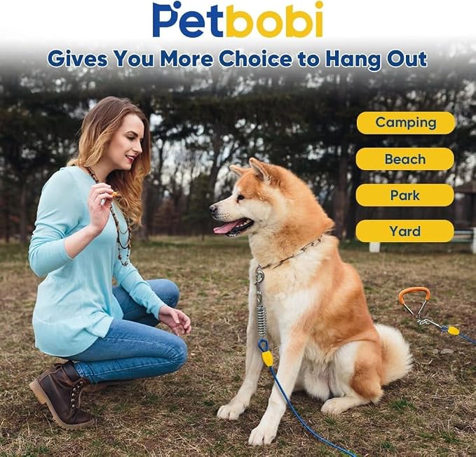 Petbobi Dog Tie-Out Cable and Stake - 30ft Heavy Duty Cable with Spring, No Tangle, 16in Ground Stake, Ideal for Outdoor Yard, Camping, Suitable for Small Medium Large Dogs Up to 120 lbs, Blue