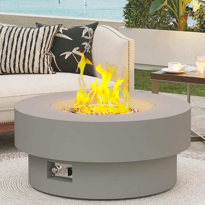 32.5 Inch Propane Fire Pit Table, 50,000 BTU Round Patio Fire Pit Table Outdoor, CSA Certified, Stainless Burner with Steel Lid, Waterproof Cover & Lava Rocks, for Garden Backyard, Gray
