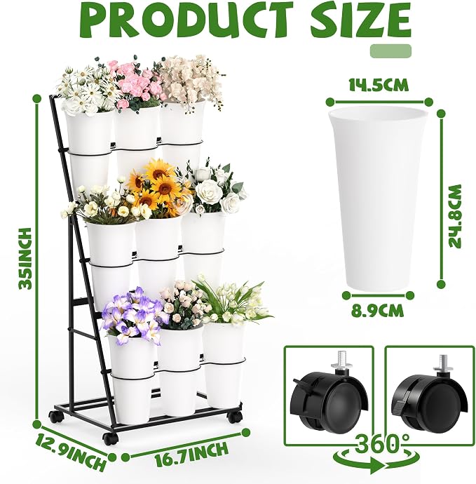 Invech Flower Display Stand with 9 Buckets and Wheels, 3 Tier Flower Cart Display Stand for Indoor Outdoor Garden, Wedding, Flower Shop (Black)