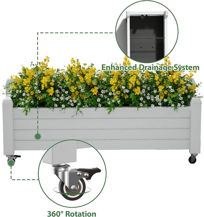 Raised Garden Bed with Wheels, Resin Planter Box with Drain Hole and Water Level Detector, Herb Planter for Garden Patio Backyard, Ashen(13.3" H)