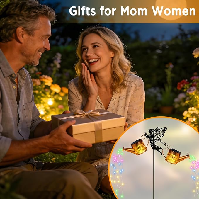 2 Pack Solar Watering Can Lights, Metal Solar Lights Outdoor Decorative with Fairy Silhouette Stake, Waterproof Hanging Lantern Garden Decor Light for Outside, Patio, Yard, Birthday Gifts, Multicolor