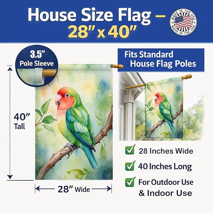 Caroline's Treasures Peachfaced Lovebird House Flag Large Porch Sleeve Pole Decorative Outside Yard Banner Artwork Wall Hanging, Polyester, House Size, Multicolor