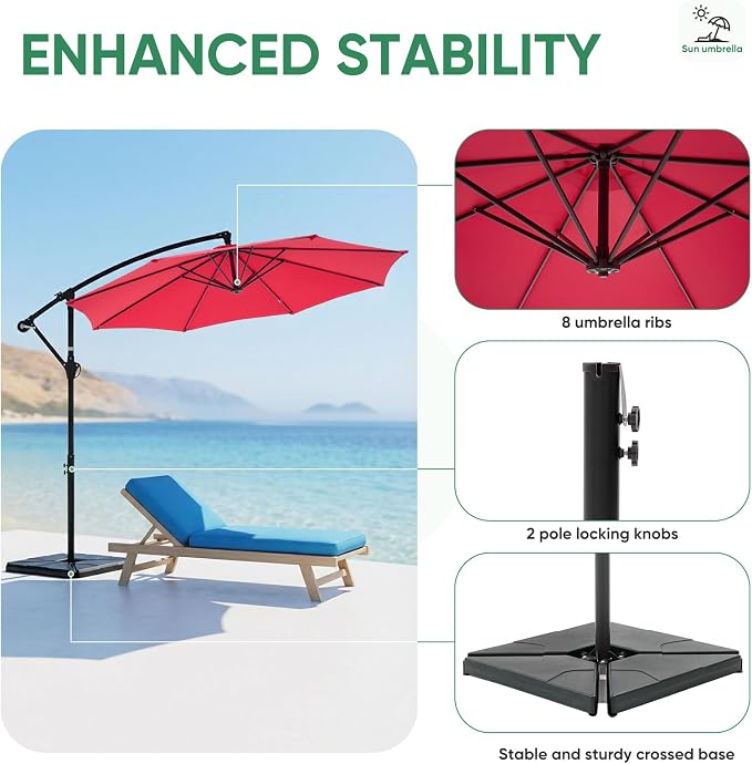 NEWBULIG 10FT Patio Umbrella, Offset Cantilever Outdoor Patio Table Umbrella, UV Protection, Fade Resistant Fabric, Easy Tilt Adjustment for Pool, Deck, Garden, Backyard, Red