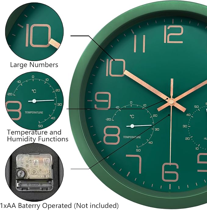 12 Inch Silent Non-Ticking Wall Clock with Temperature and Humidity, Battery Operated Modern Analog Clock with Large Numbers for Bedroom Living Room Office Kitchen Farmhouse Outdoor, Green