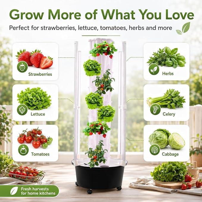 8 Tier Hydroponic Tower Garden - Indoor Vertical Gardening System 48 Holes with LED Grow Light & Self-Watering Pump, for Strawberries Lettuce Herbs, Home Grow Kit with Timer & Wheels