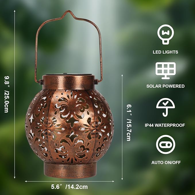 Edenseelake 2 Pack Solar Hanging Lanterns Outdoor Waterproof Flower Lights, Metal Decorative LED Lantern for Garden, Patio, Porch, Yard, Lawn, Bronze