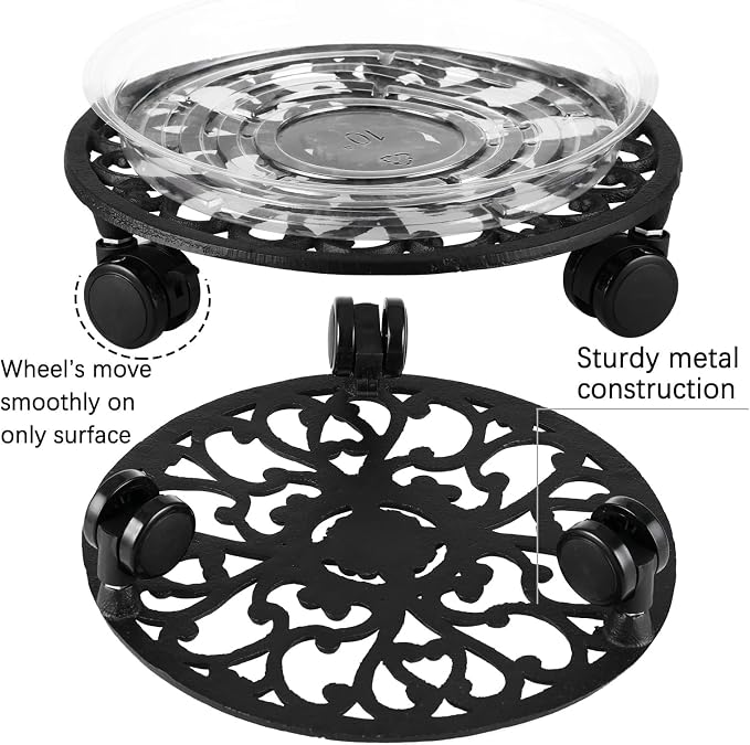 2 Packs 11 Inch Rolling Plant Stand with Wheels Wrought Iron Rolling Plant Stand with Casters Heavy Duty for Indoor Plants Rollers Potted Plant Mover, Metal Round Plant Dolly