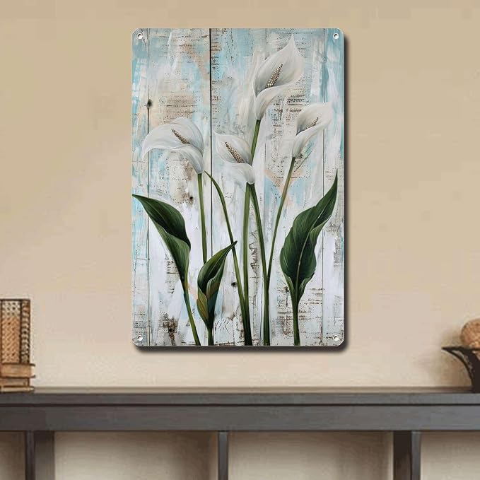 Metal Sign Tin Sign Vintage Wall Art Vintage Peace Lilies Tin Sign for Shabby Chic Style Green Stem Displays and Corrosion Resistant A Kitty Decor for Club 6×8 Inches