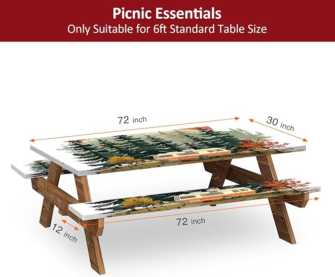 Picnic Table Cover with Bench Covers 6FT 3PCS, Camping Essentials Waterproof Windproof Tablecloth with Drawstring Bag, Fitted Rectangle Tables and Seats, 72", RV Serenity