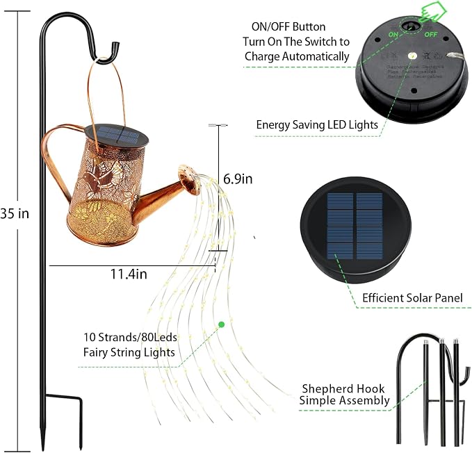 VOOKRY Solar Lights Outdoor Decoration, Large Retro Hanging Metal Solar Watering Can Lights Waterproof Hummingbird Garden Decor Outside for Yard Lawn Patio Porch, Birthday Gifts for Women Mom Grandma