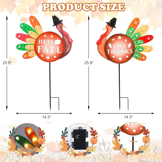Fall Yard Decor Outdoor Autumn Harvest Garden Stakes with LED Light Autumn Two Turkeys Yard Sign with Stakes Fall Thanksgiving Decoration for Home Outside Lawn Garden Holiday Decor