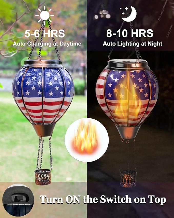 Larekook Solar Hot Air Balloon Lantern with Flame Flickering,Glass Hot Air Balloon Solar Lantern Outdoor Waterproof Hanging Garden Light for Patio Porch Yard,Birthday Gifts for Women(American Flag)