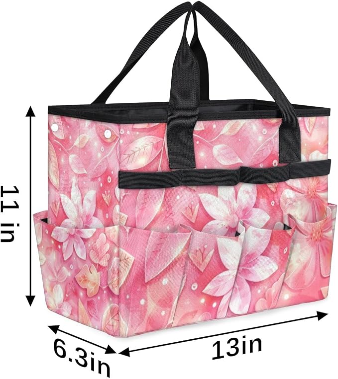 Rose Red flower Gardening Tool Bag,Heavy Duty Garden Tote Bag,Portable Oxford Gardening Storage Basket Organizer Handbag with Pockets Handle,Hand Tools Gifts for Outdoor Garden Lawn