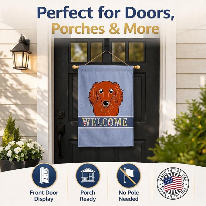 Caroline's Treasures BB1400CHF Longhair Red Dachshund Welcome House Flag, Blue Large Porch Sleeve Pole Decorative Outside Yard Banner Artwork Wall Hanging, Polyester, House Size, Multicolor