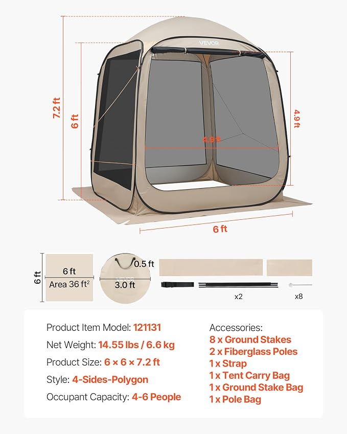 VEVOR Screen House Tent 6x6FT Pop-Up Screen Tent for 4–6 Person, Portable Screen Room Gazebo with Netting, Carry Bag & Ground Stakes, Instant Screen Canopy for Patio Backyard Garden Camping