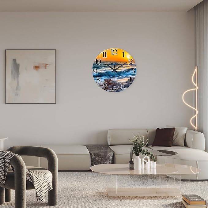 Blue Beach Wall Clocks Battery Operated 14 Inch | Analog Coastal Wall Clock for Bedroom Living Room Kitchen Glass Wall Clock Silent Non Ticking