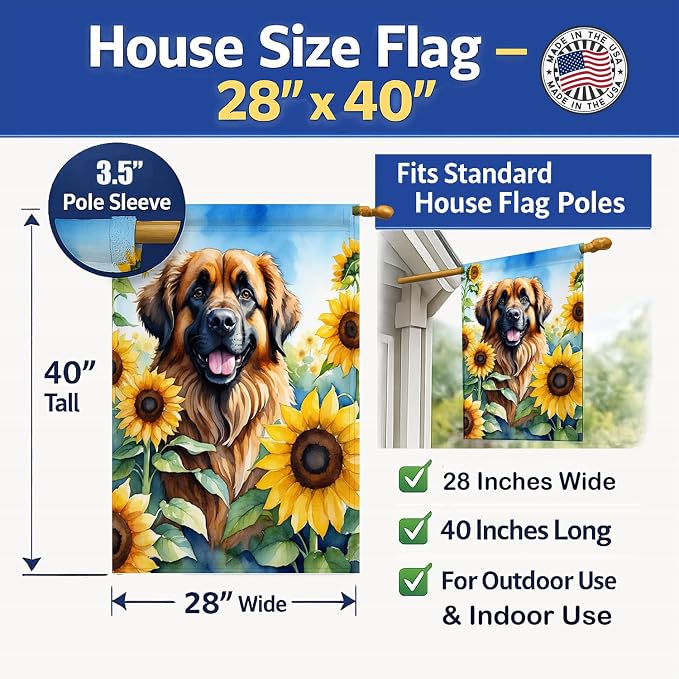 Caroline's Treasures DAC6115CHF Leonberger in Sunflowers House Flag Large Porch Sleeve Pole Decorative Outside Yard Banner Artwork Wall Hanging, Polyester, House Size, Multicolor