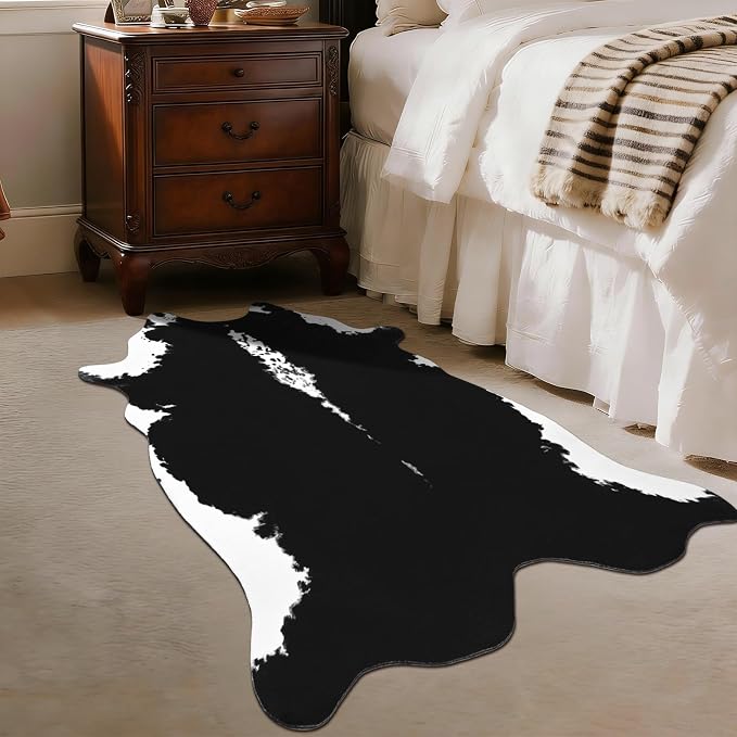 BENRON Small Faux Cowhide Rug, Cow Print Rug for Kitchen Hallyway 2.3x3.6ft | Western cow hide rug for Home Decor, Washable Rugs with Irregular Animal Skins and Hides, Non Slip, Black