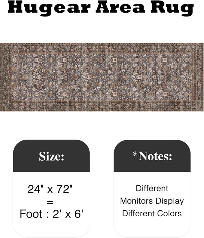 HUGEAR 2x6 Runner Rug Machine Washable Tradition Brown Hallway Area Rugs Indoor Accent Rugs Floral Low Pile Carpet Distressed Throw Rug Bedroom Living Room Office Dining Kitchen Laundry Non Slip